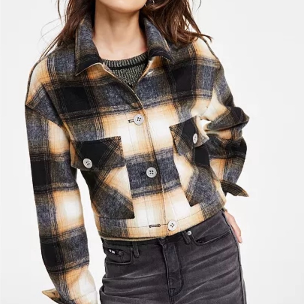 DKNY Jeans Large Black and Tan Plaid Cropped Jacket